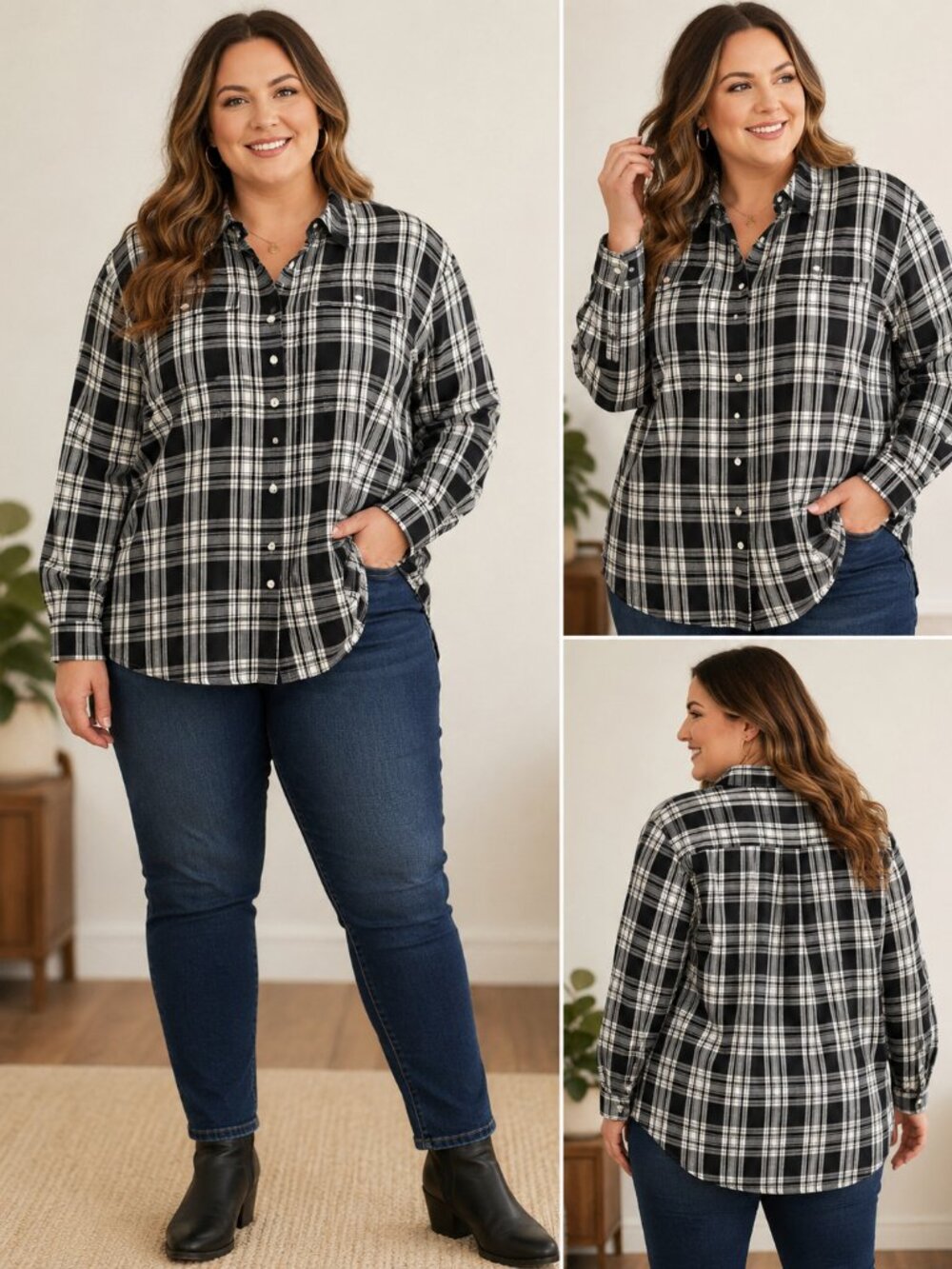 Lauren Ralph Lauren Plaid Button Front Shirt 1X Black White Cotton Top